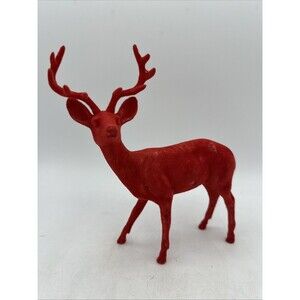 Vintage Red Flocked Reindeer Buck Deer Christmas Decor Plastic